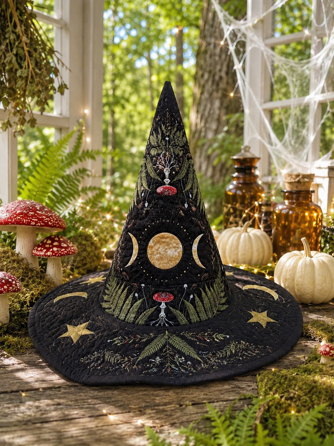 Triple Moon & Red Mushroom Botanical Halloween Quilt Witch Hat