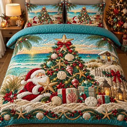 Tropical Beach Christmas Bedding Set Coastal Santa Quilt Cover
