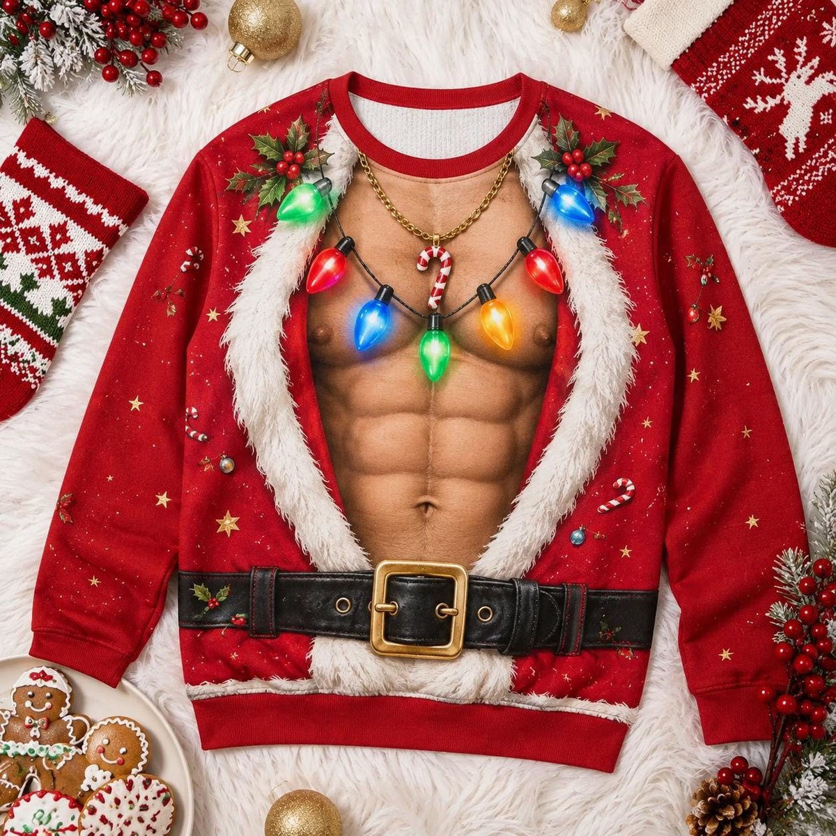 Ugly Christmas Shirt Sexy Santa Abs Muscle Graphic