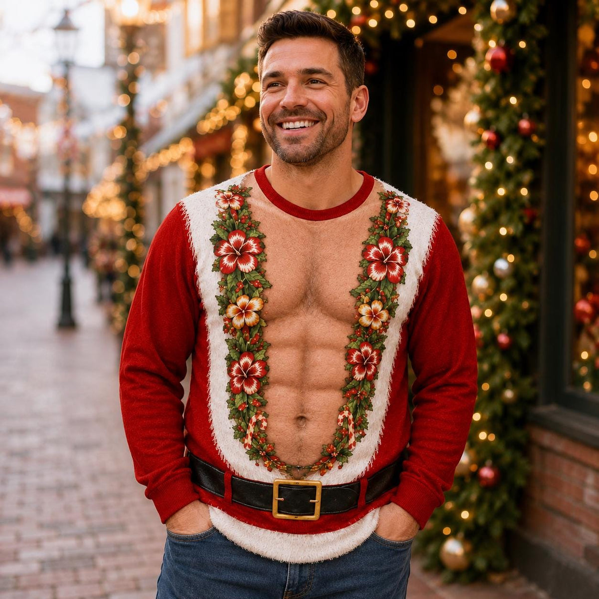 Ugly Christmas Sweater Mens Muscle Chest Hibiscus
