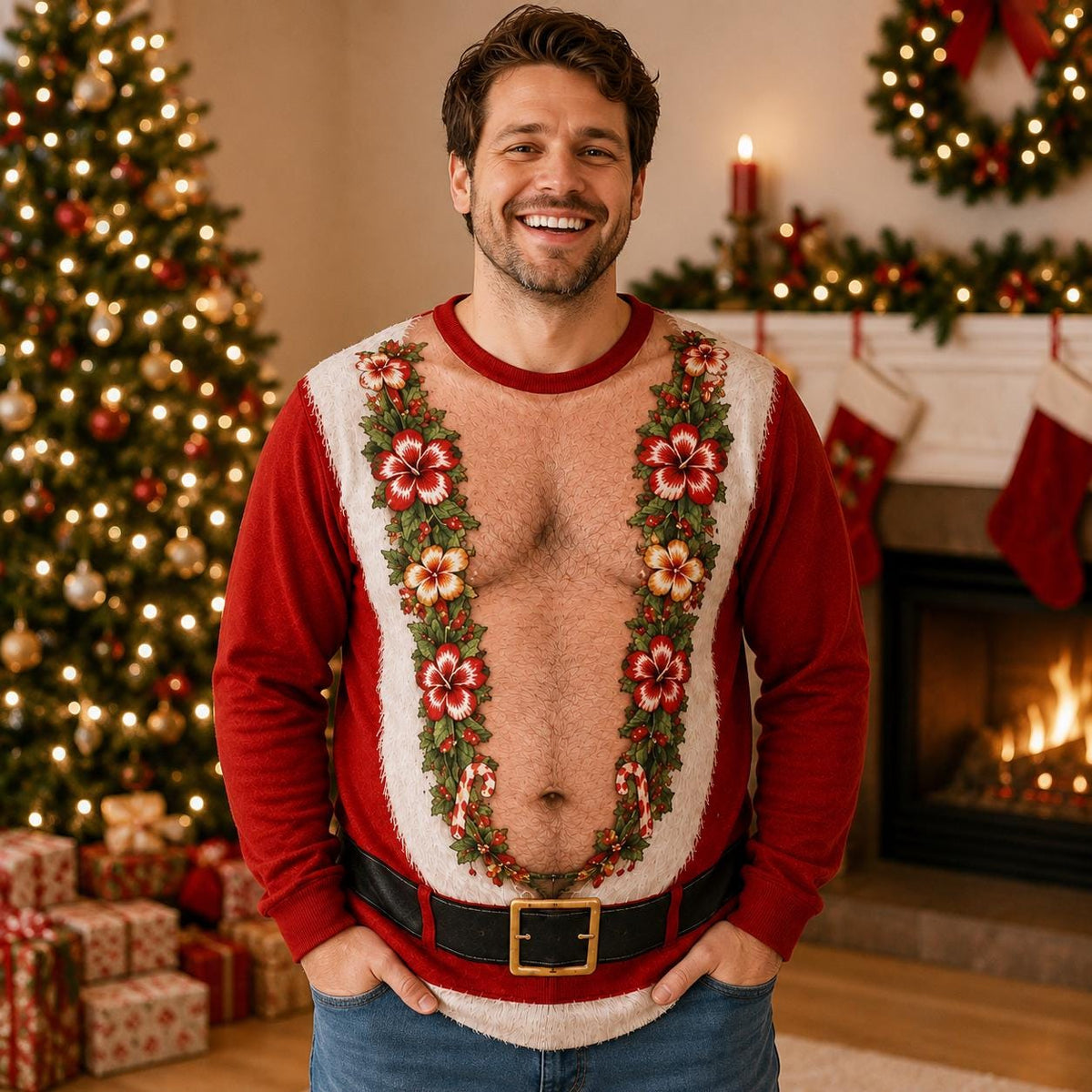 Ugly Christmas Sweater Mens Muscle Chest Hibiscus