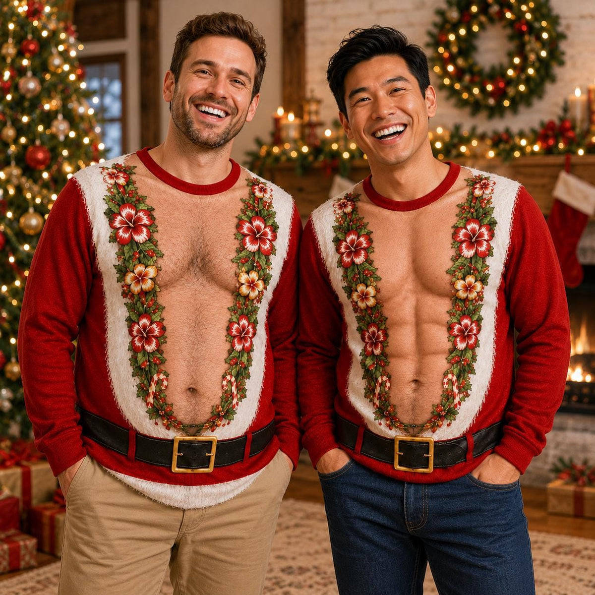 Ugly Christmas Sweater Mens Muscle Chest Hibiscus