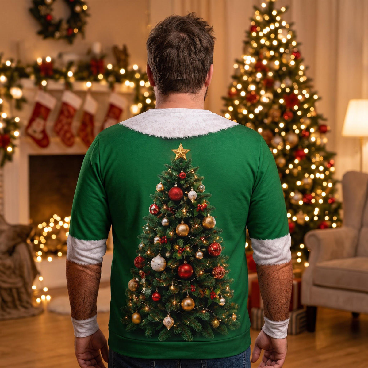 Ugly Hairy Chest Elf Suit Christmas Tree Sweater