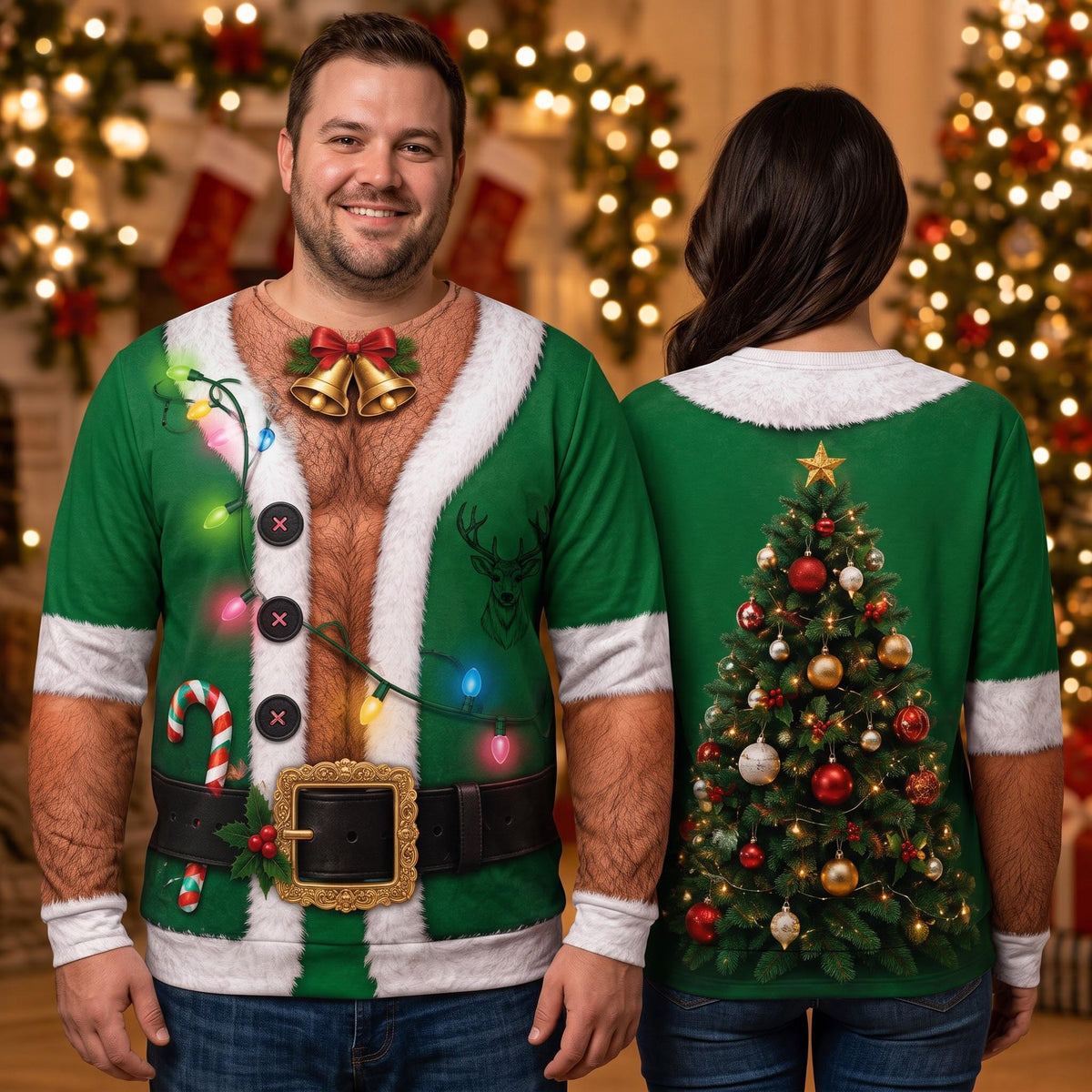 Ugly Hairy Chest Elf Suit Christmas Tree Sweater