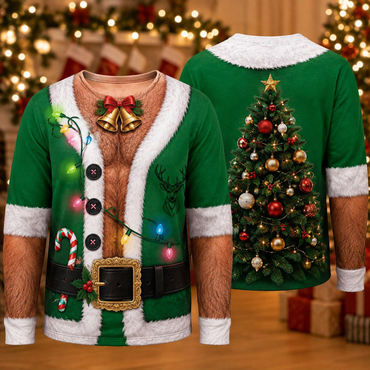Ugly Hairy Chest Elf Suit Christmas Tree Sweater