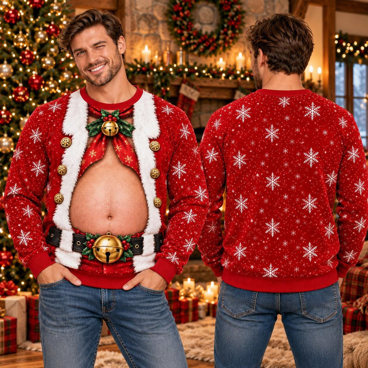 Ugly Santa Belly Jingle Bell Christmas Sweater