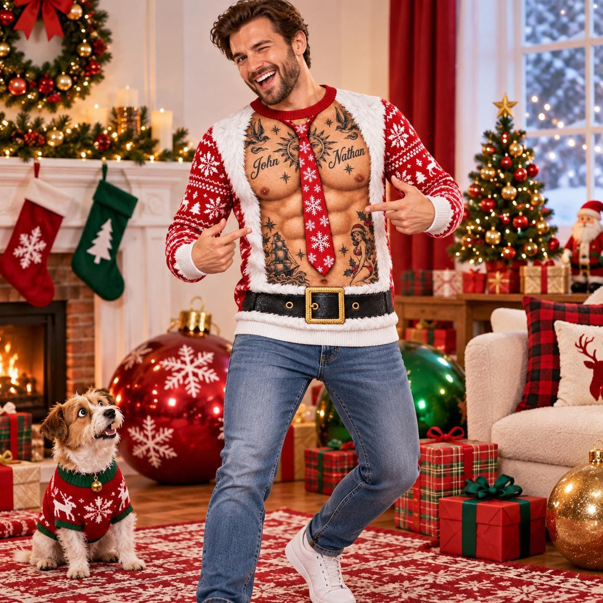 Ugly Santa Tattooed Muscle Christmas Sweater