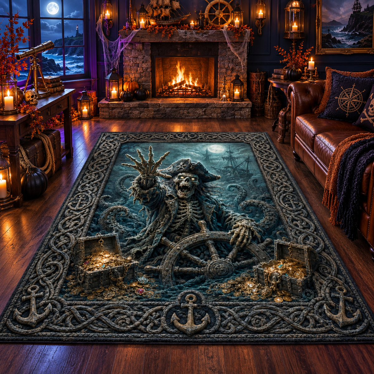 Undead Ghost Pirate Skeleton Halloween Area Rug