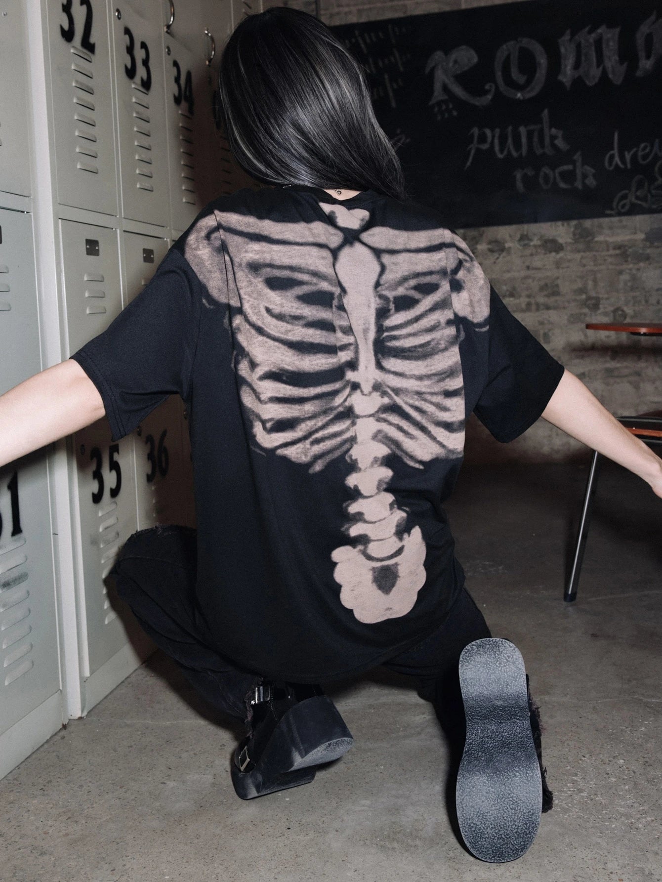 Unisex Grunge Punk Skeleton Drop Shoulder Tee