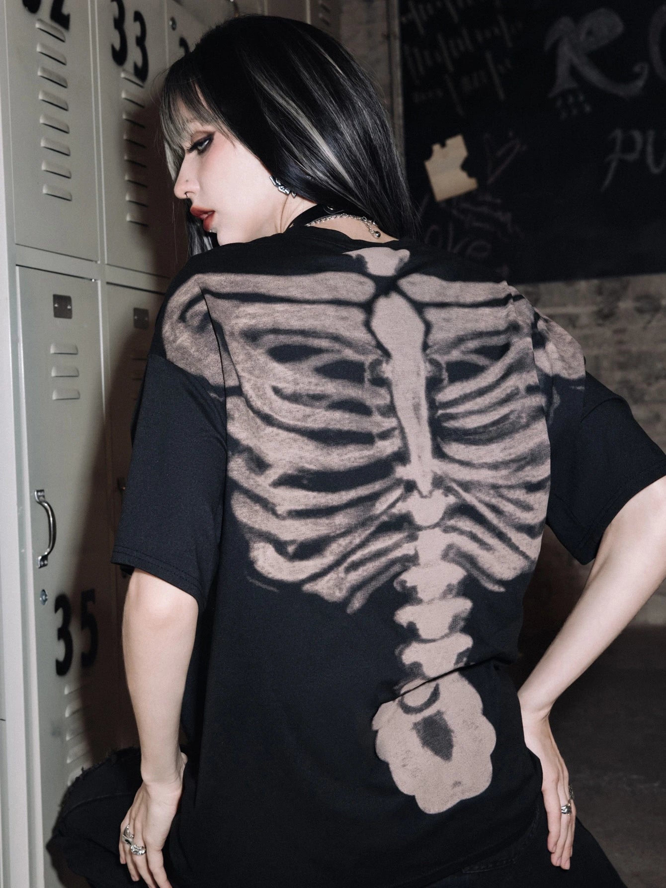 Unisex Grunge Punk Skeleton Drop Shoulder Tee