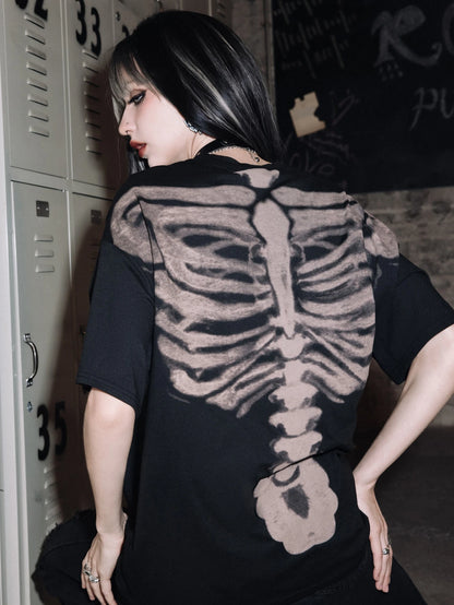 Unisex Grunge Punk Skeleton Drop Shoulder Tee