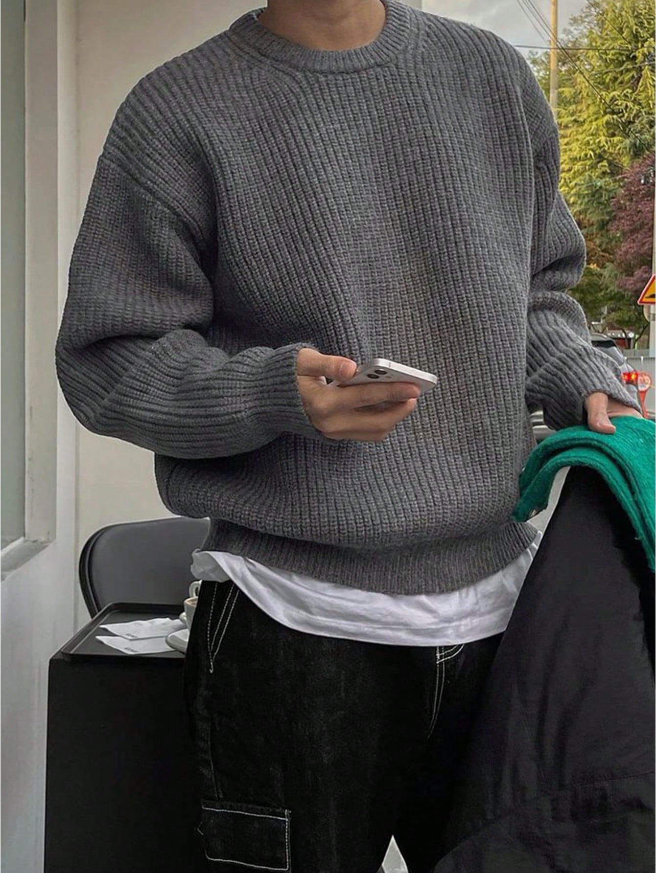 Unisex Loose Fit Pointelle Knit Sweater