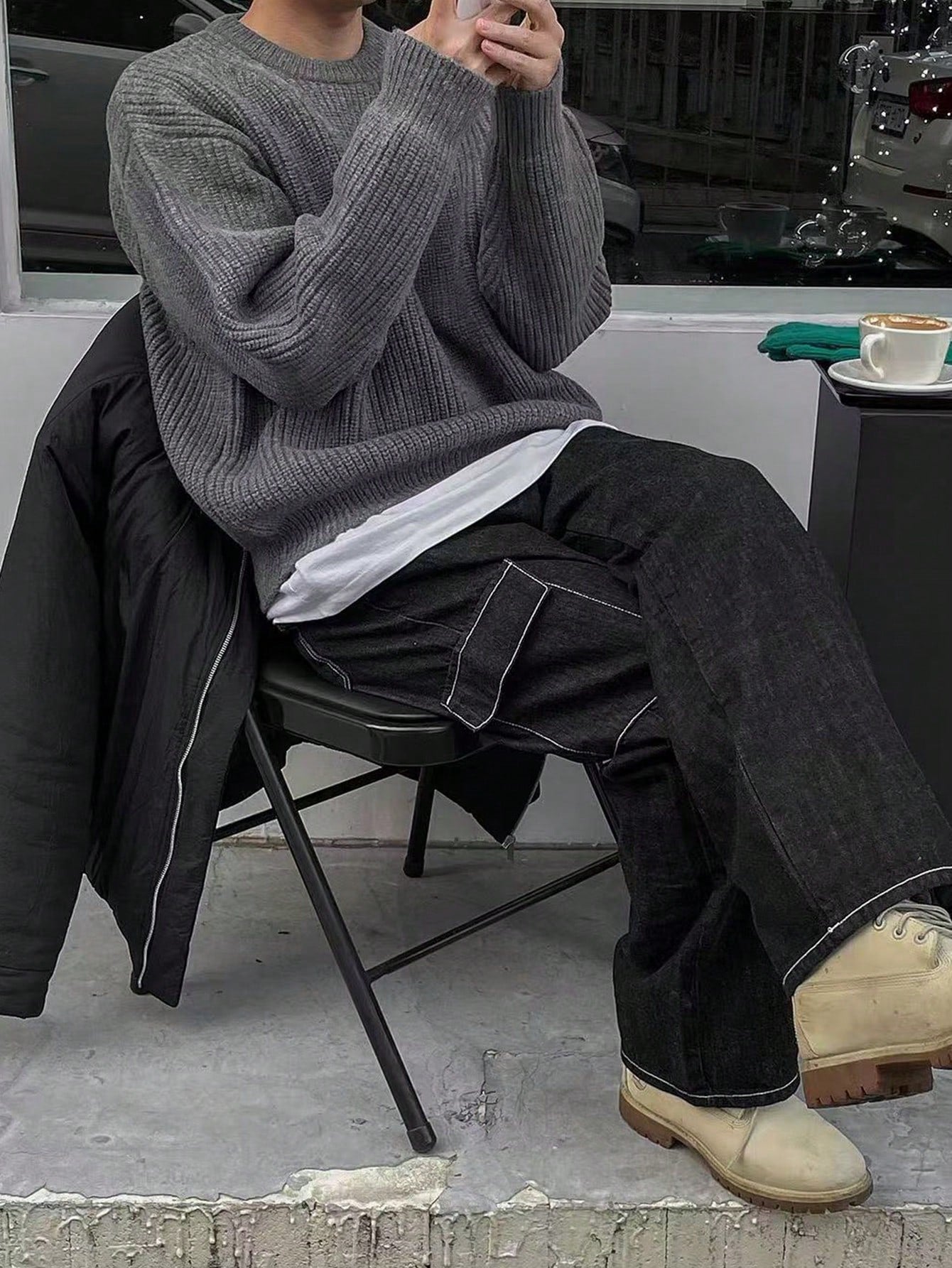 Unisex Loose Fit Pointelle Knit Sweater