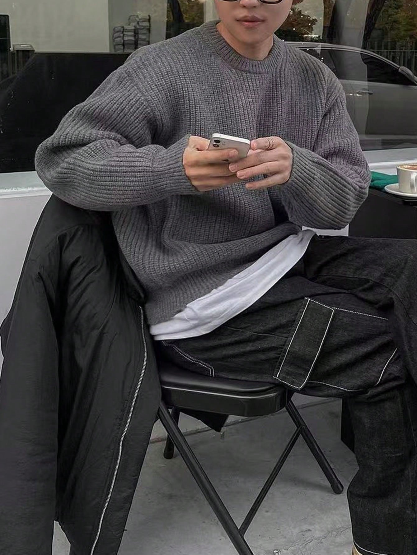 Unisex Loose Fit Pointelle Knit Sweater