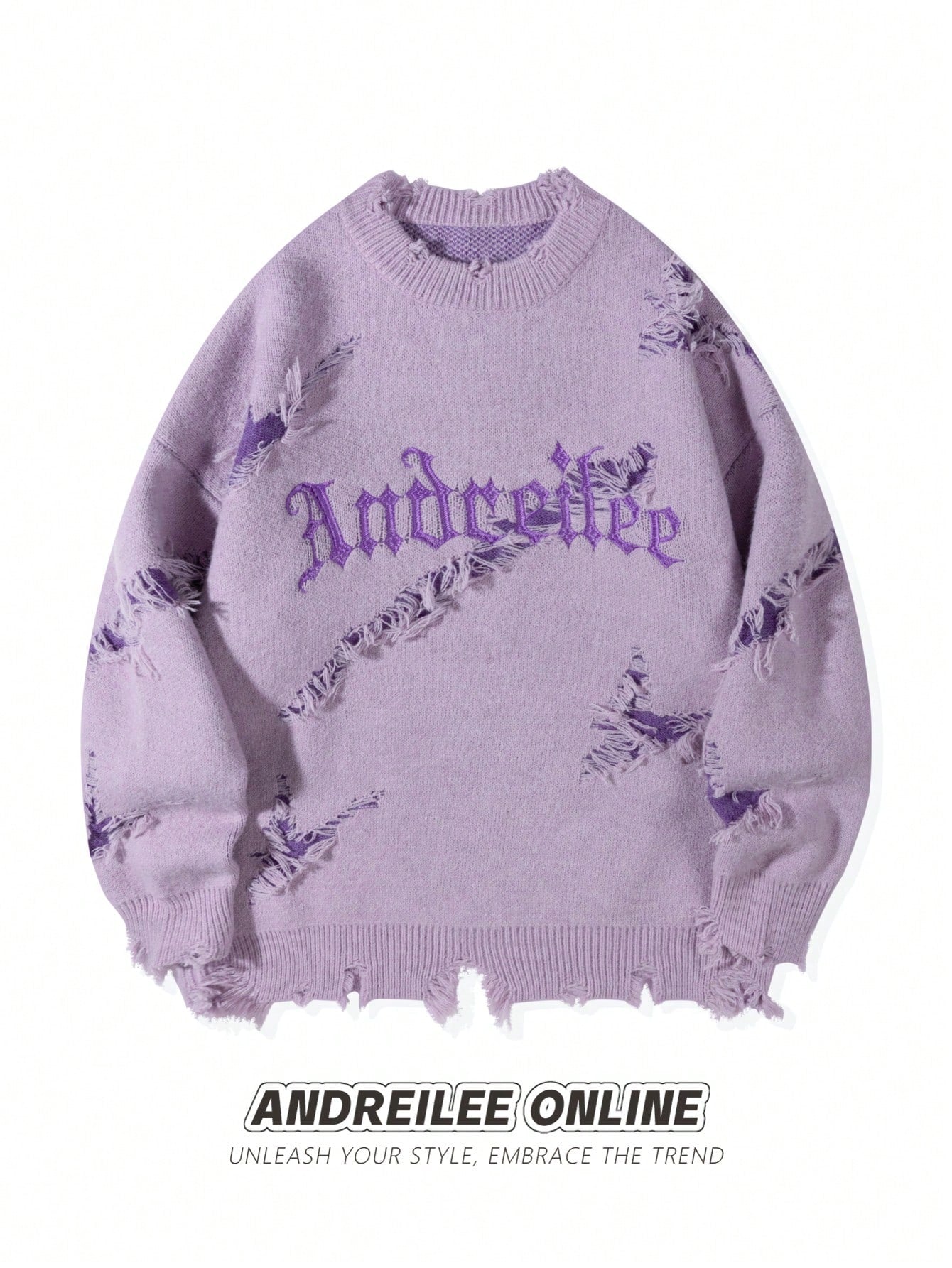 Letter Embroidery Distressed Ripped Casual Loose Pullover Sweater