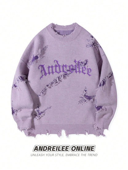 Letter Embroidery Distressed Ripped Casual Loose Pullover Sweater