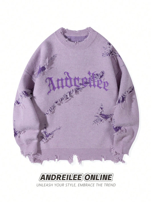 Letter Embroidery Distressed Ripped Casual Loose Pullover Sweater