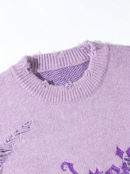 Letter Embroidery Distressed Ripped Casual Loose Pullover Sweater