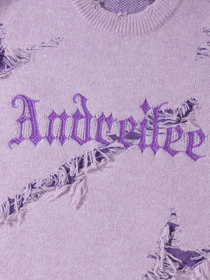 Letter Embroidery Distressed Ripped Casual Loose Pullover Sweater