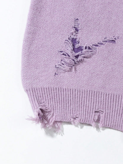 Letter Embroidery Distressed Ripped Casual Loose Pullover Sweater