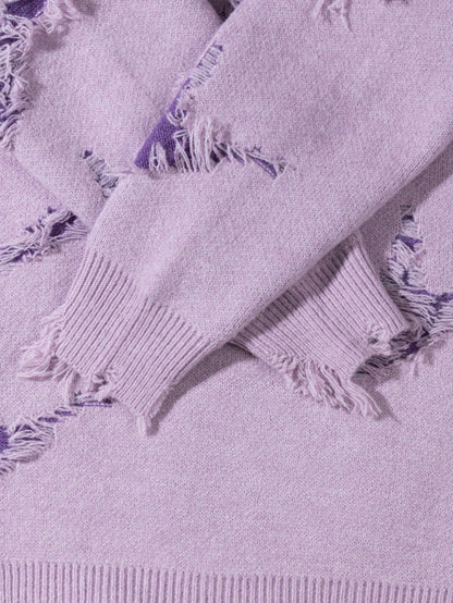 Letter Embroidery Distressed Ripped Casual Loose Pullover Sweater