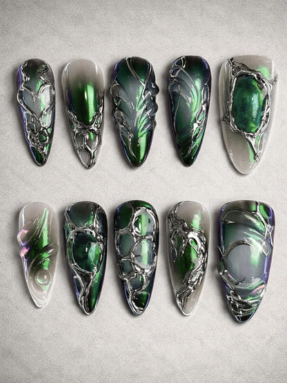 Y2K Black Green Mirror Cat Eye Almond Press-On Nails