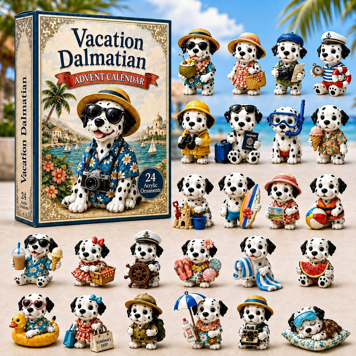 CHRISTMAS KICKOFF 40% OFF - Vacation Dalmatian Advent Calendar 2026 - 24-Day Festive Countdown, Acrylic Charms Blind Box - Gift For Dog Lovers