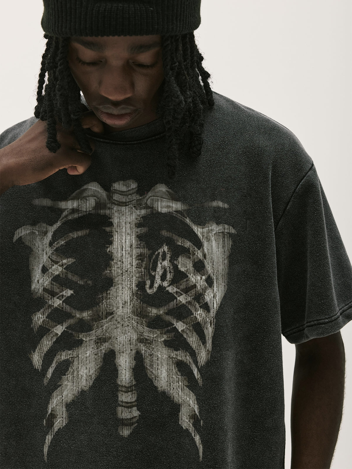 Vintage Acid Wash Skeleton Ribcage Graphic T-Shirt