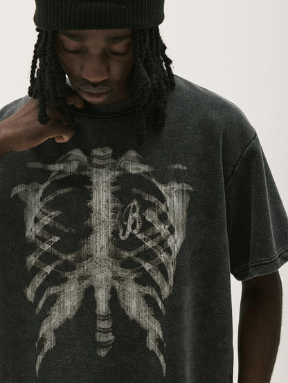 Vintage Acid Wash Skeleton Ribcage Graphic T-Shirt