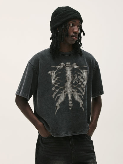 Vintage Acid Wash Skeleton Ribcage Graphic T-Shirt