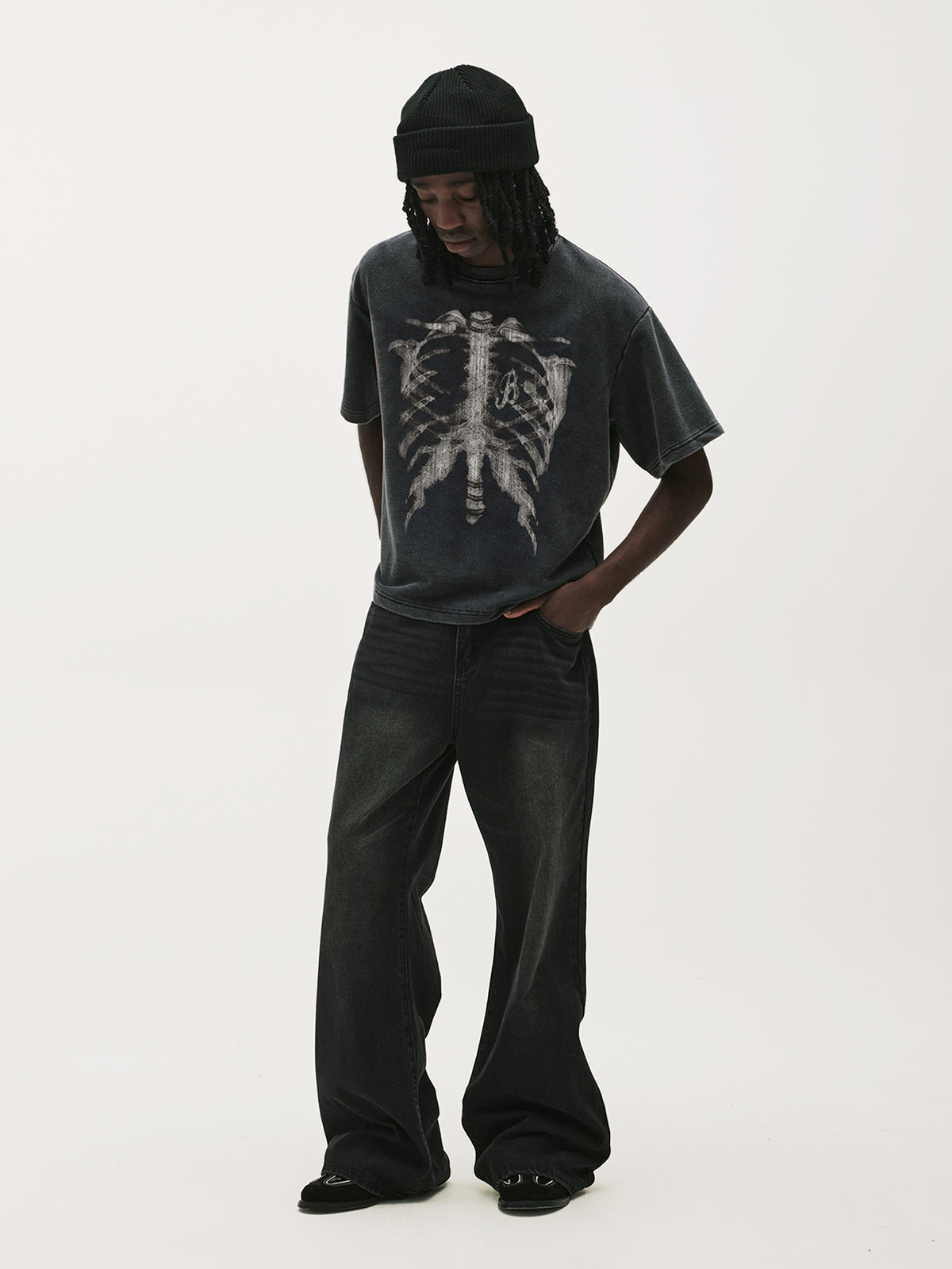 Vintage Acid Wash Skeleton Ribcage Graphic T-Shirt