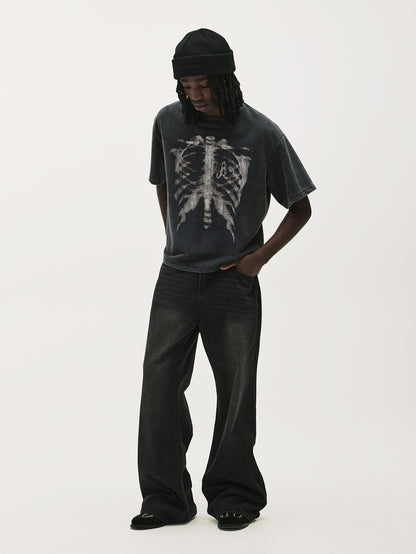 Vintage Acid Wash Skeleton Ribcage Graphic T-Shirt
