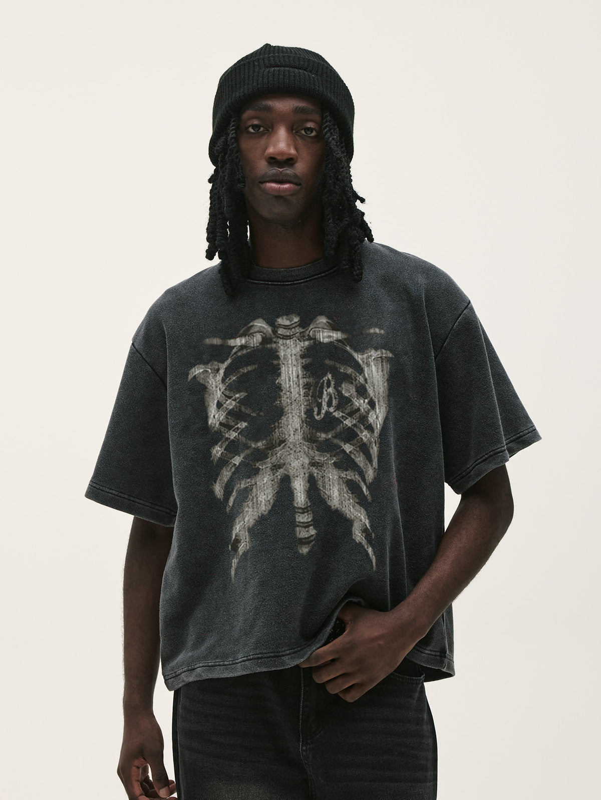 Vintage Acid Wash Skeleton Ribcage Graphic T-Shirt