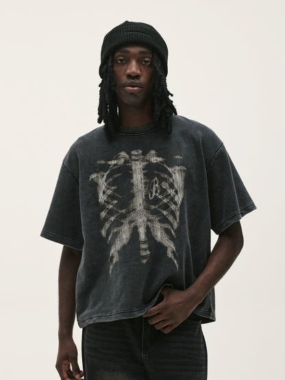 Vintage Acid Wash Skeleton Ribcage Graphic T-Shirt