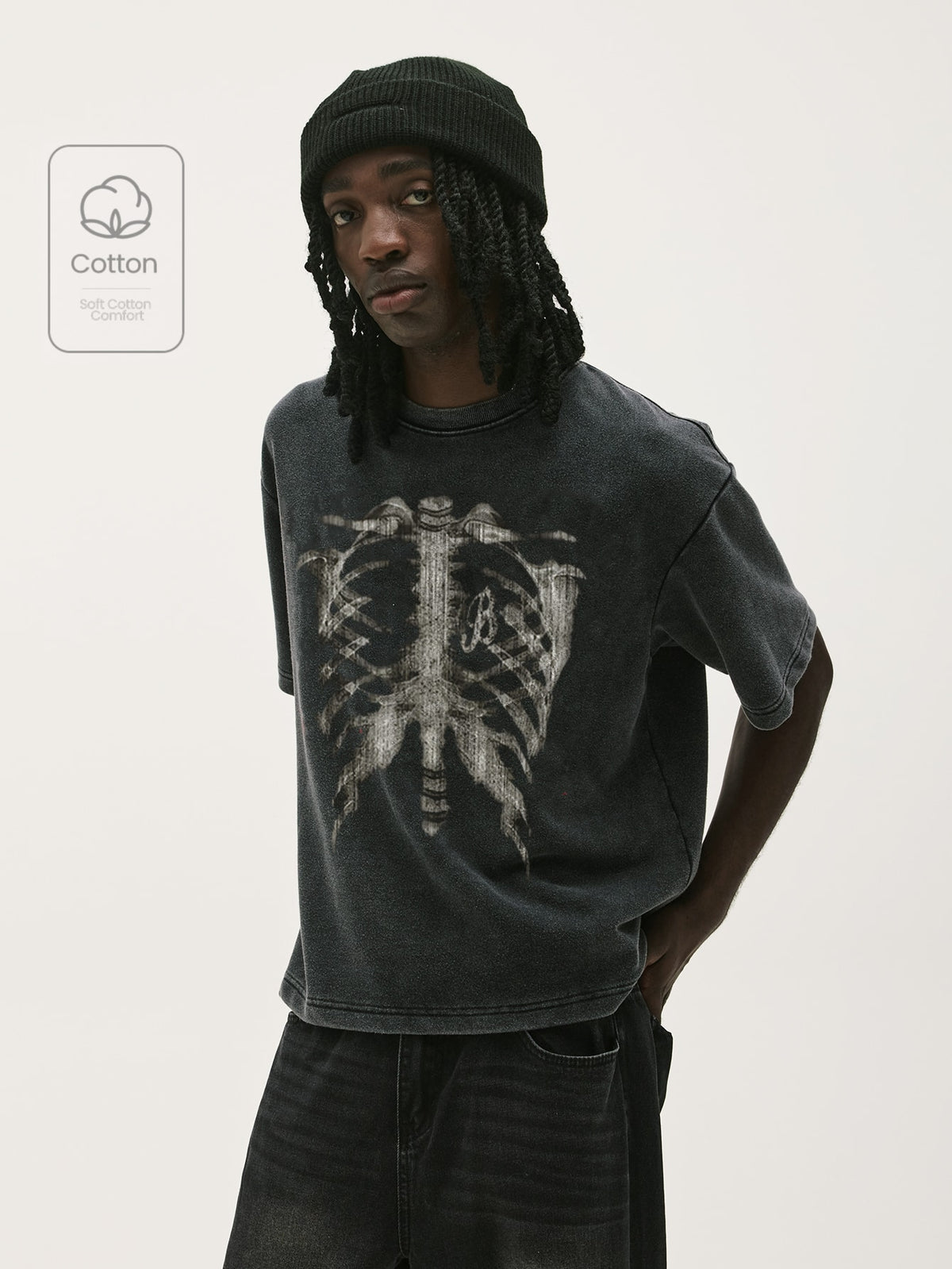 Vintage Acid Wash Skeleton Ribcage Graphic T-Shirt