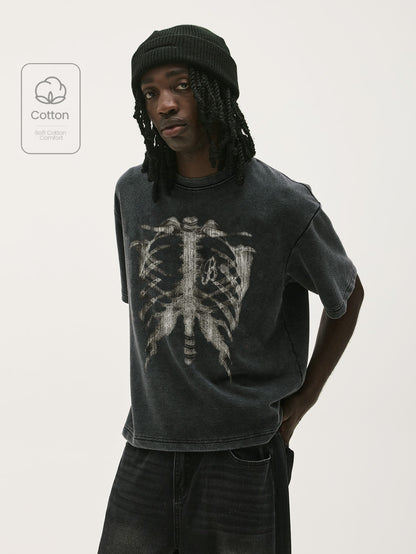 Vintage Acid Wash Skeleton Ribcage Graphic T-Shirt