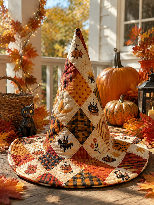 Vintage Autumn Diamond Patchwork Cat & Bat Halloween Quilt Witch Hat