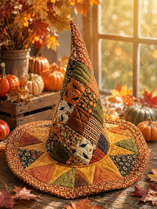 Vintage Autumn Starburst Patchwork Crow & Pumpkin Halloween Quilt Witch Hat
