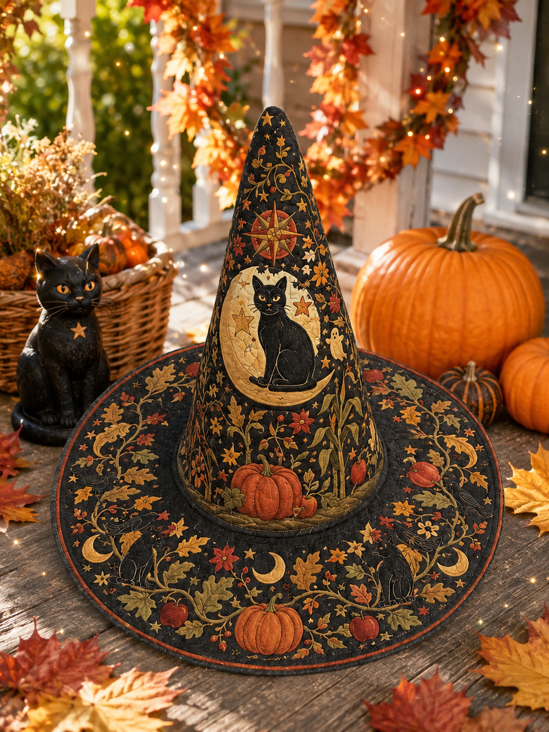 Vintage Black Cat Moon & Pumpkin Autumn Halloween Quilt Witch Hat