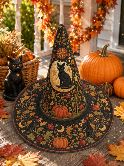 Vintage Black Cat Moon & Pumpkin Autumn Halloween Quilt Witch Hat