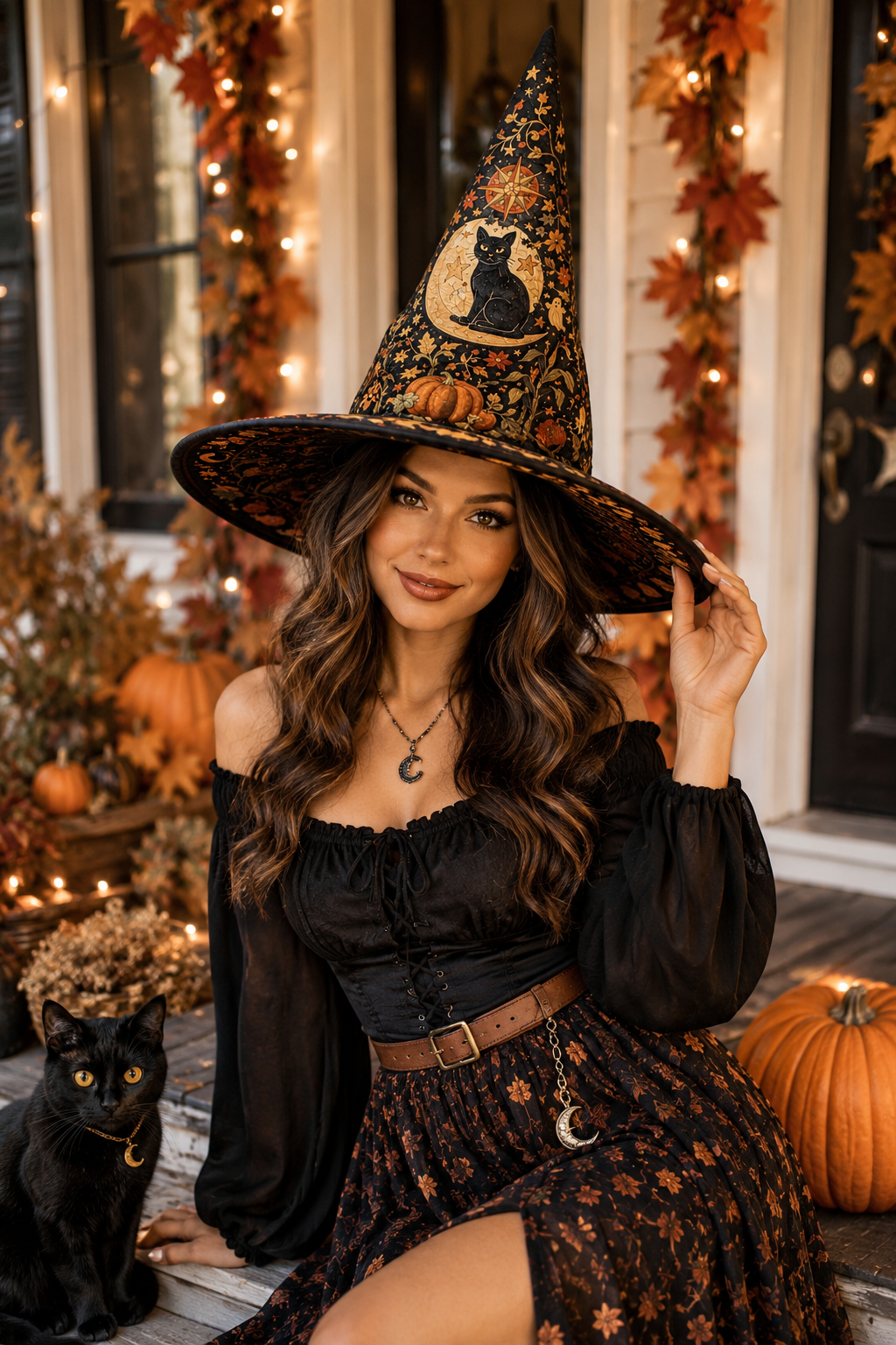 Vintage Black Cat Moon & Pumpkin Autumn Halloween Quilt Witch Hat