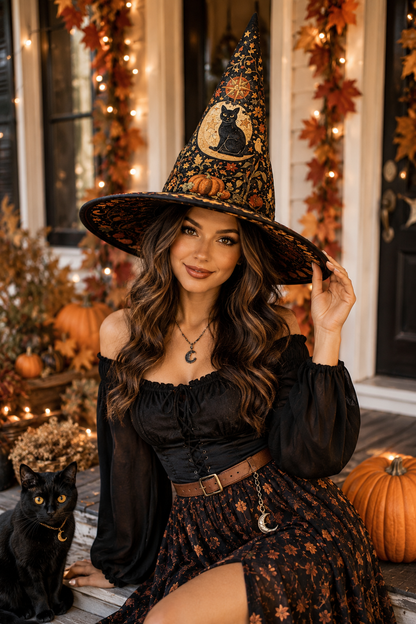 Vintage Black Cat Moon & Pumpkin Autumn Halloween Quilt Witch Hat