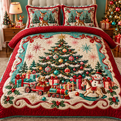 Vintage Christmas Tree Bedding Set Holiday Toys Quilt Cover