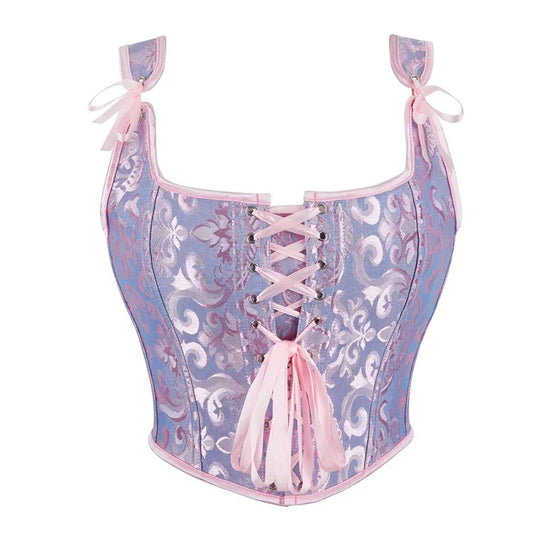 Vintage Pastel Jacquard Lace Up Corset Top