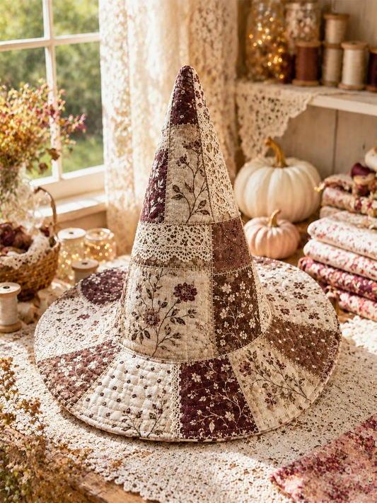 Vintage Patchwork Floral Lace Trim Halloween Quilt Witch Hat