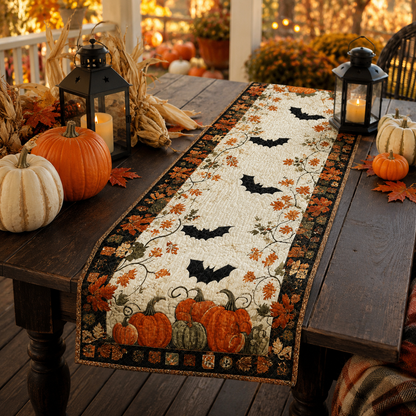 Vintage Pumpkin Vine and Black Bats Halloween Quilted Table Runner