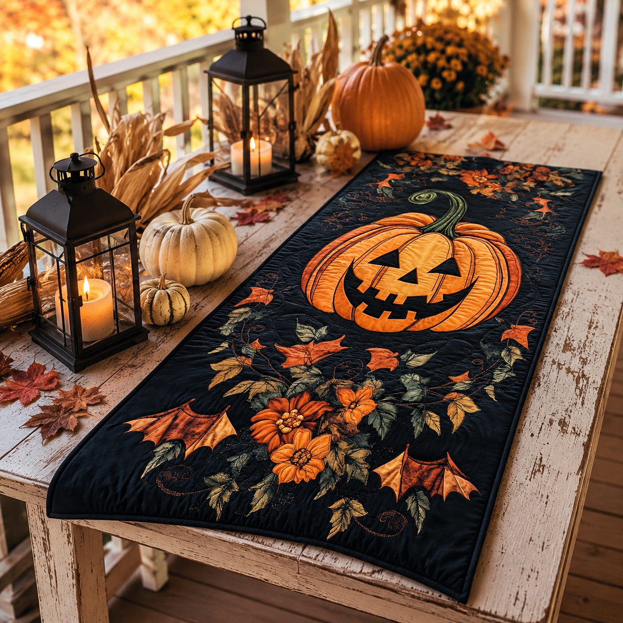 Vintage Pumpkin & Orange Floral Fall Halloween Quilted Table Runner