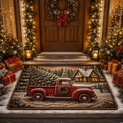 Vintage Red Truck Winter Cabin Christmas Gate Doormat