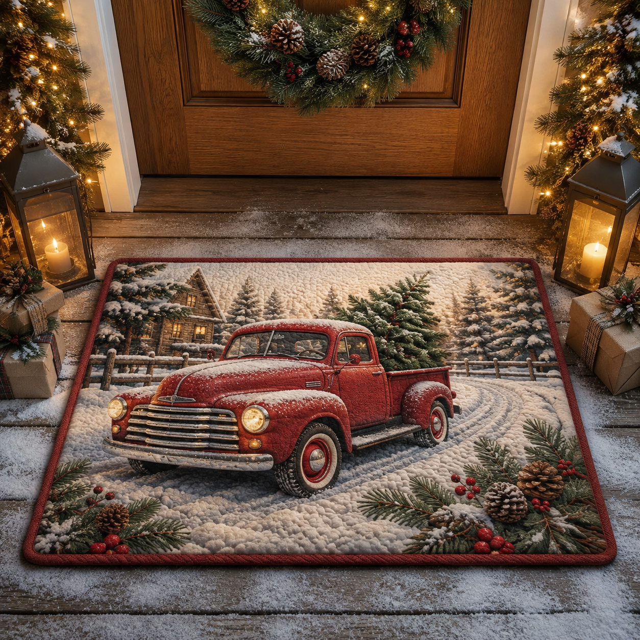 Vintage Red Truck Winter Snow Holiday Rug Christmas Gate Doormat