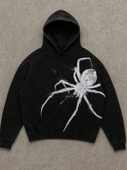 Vintage Washed Black Spider Graphic Hoodie